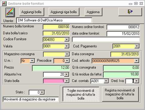 Gestione bolle fornitori