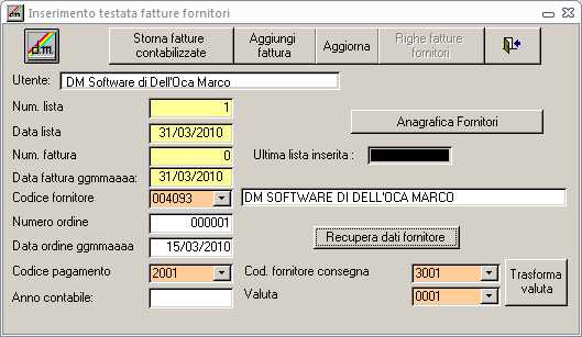 Gestione testata fatture fornitori