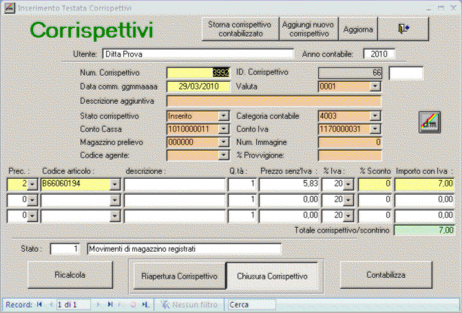 Inserimento corrispettivi