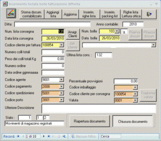 Preparazione testata documenti differiti
